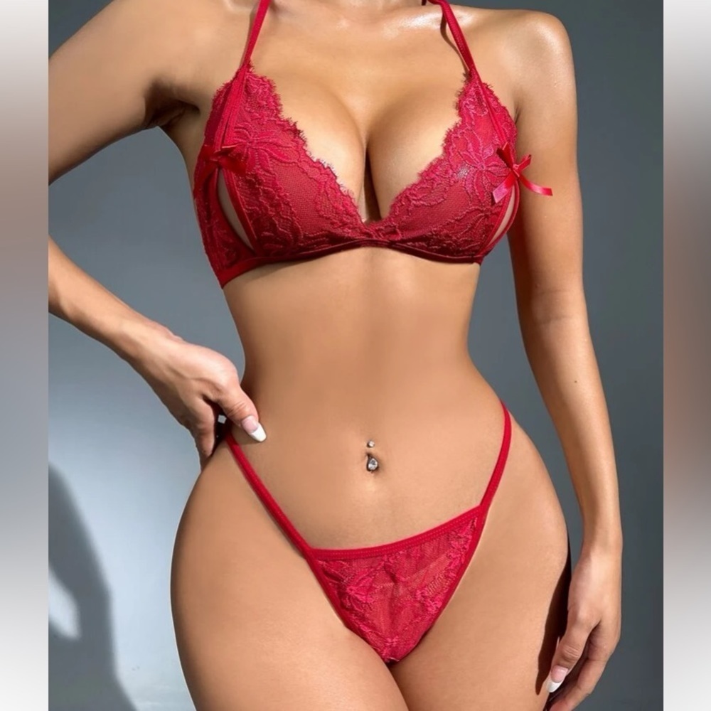 Eyelash Lace Bow Front Tie Back Lingerie Set burgundy size M NEW